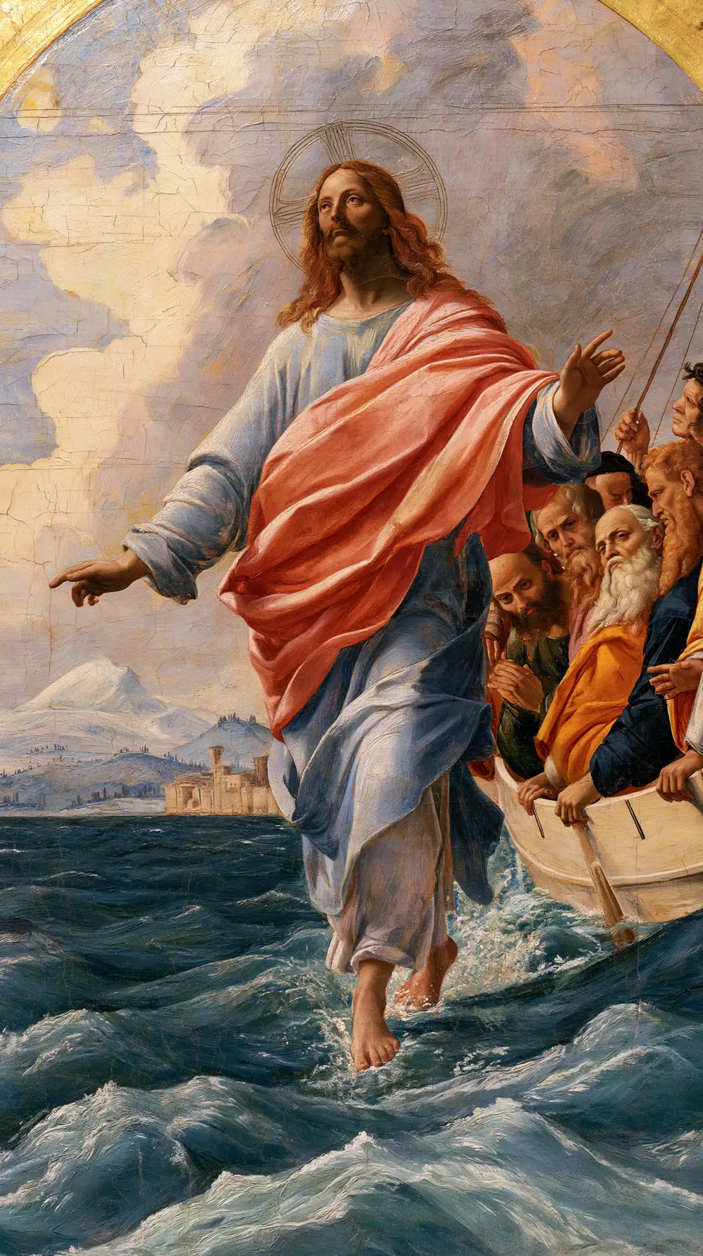 Jesus walking on water in Florentine Renaissance style, portrait Christian artwork no. 11