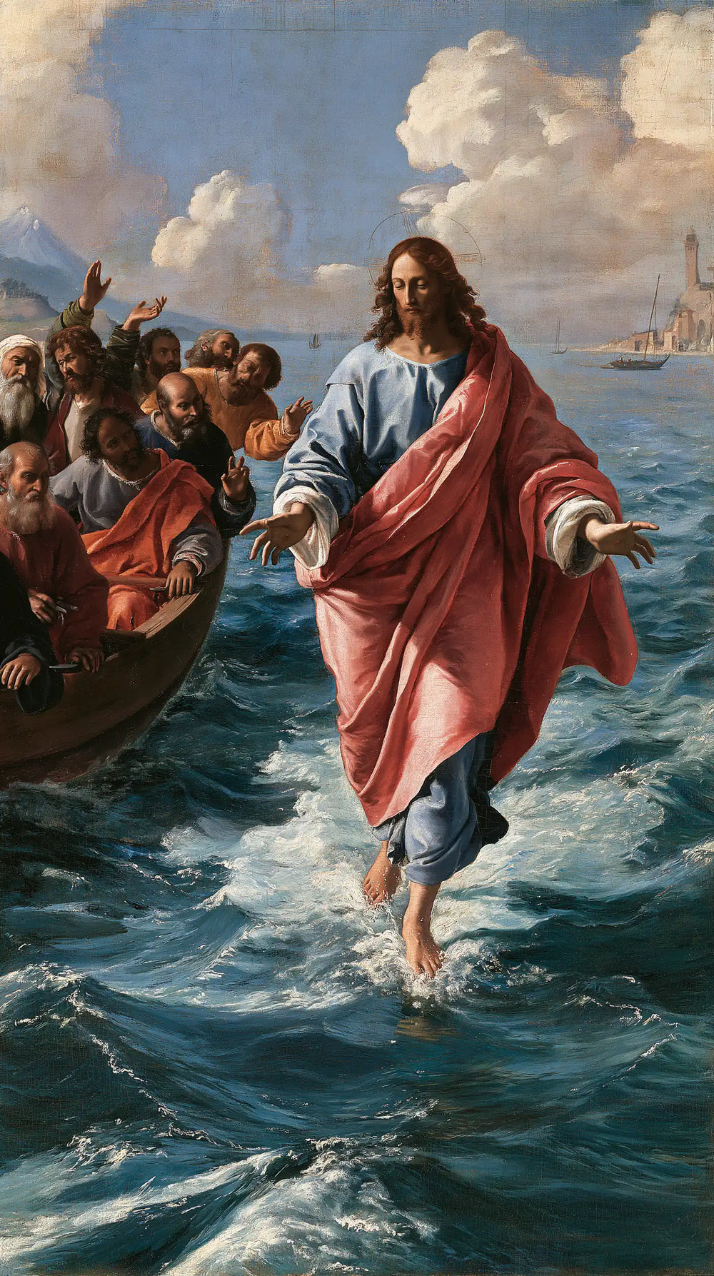 Jesus walking on water in Florentine Renaissance style, portrait Christian artwork no. 18