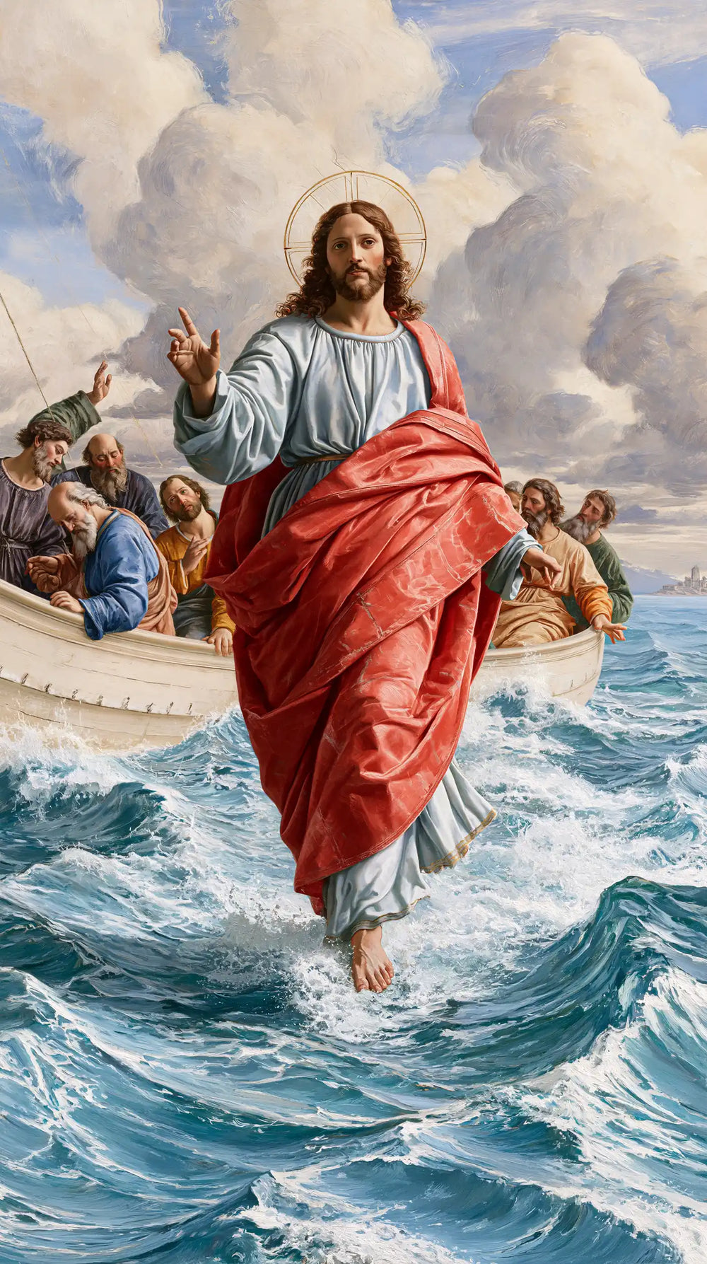 Jesus walking on water in Florentine Renaissance style, portrait Christian artwork no. 19