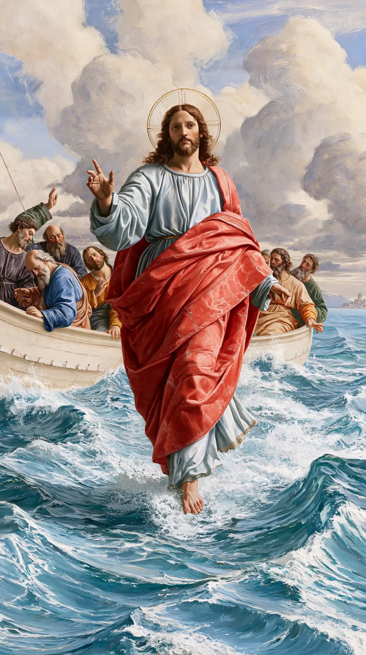 Jesus walking on water in Florentine Renaissance style, portrait Christian artwork no. 19