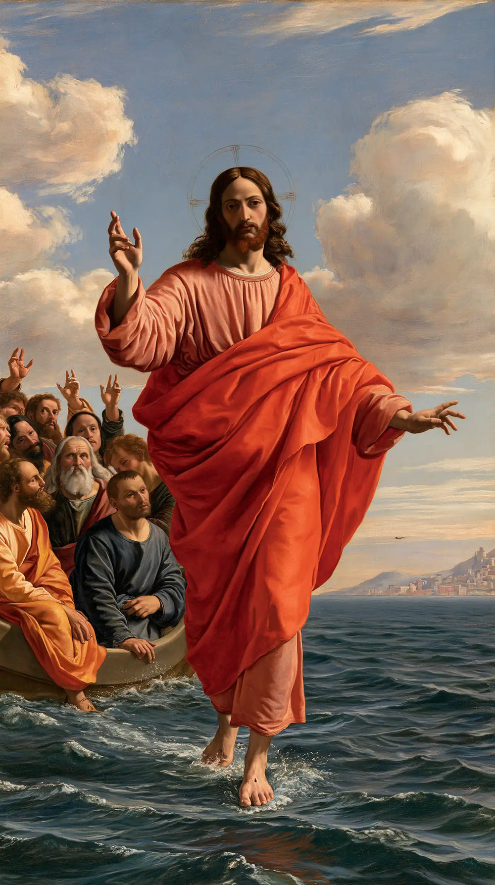 Jesus walking on water in Florentine Renaissance style, portrait Christian artwork no. 23