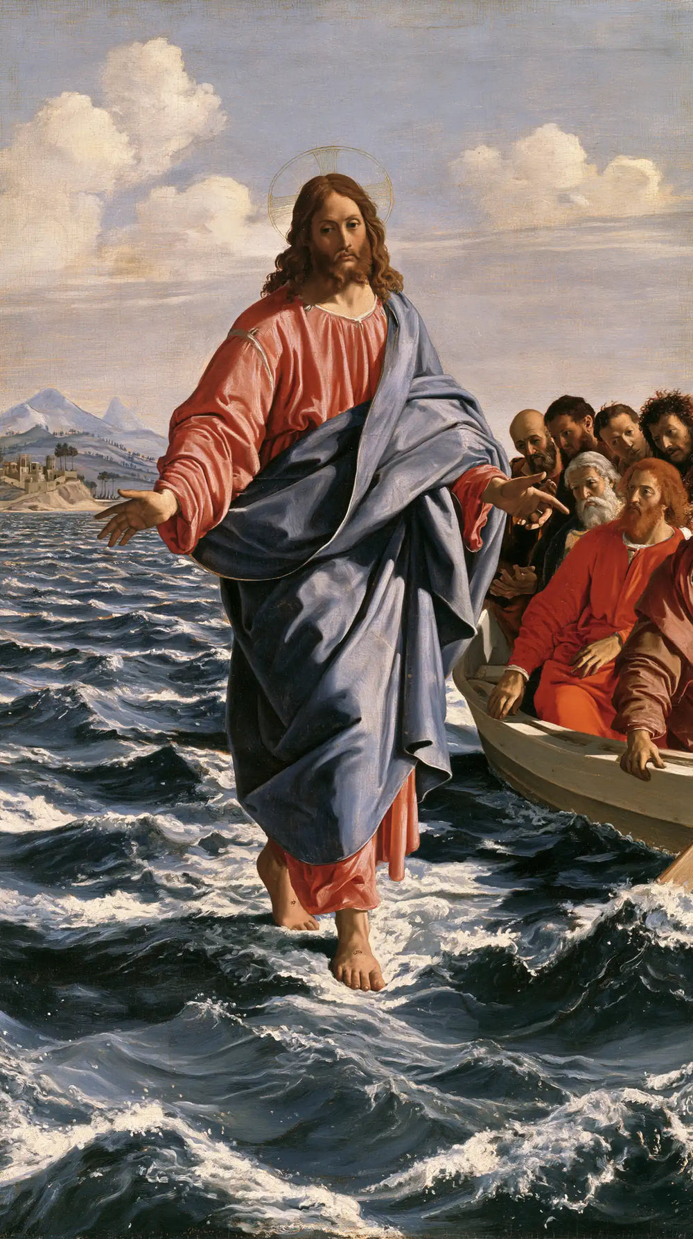 Jesus walking on water in Florentine Renaissance style, portrait Christian artwork no. 25