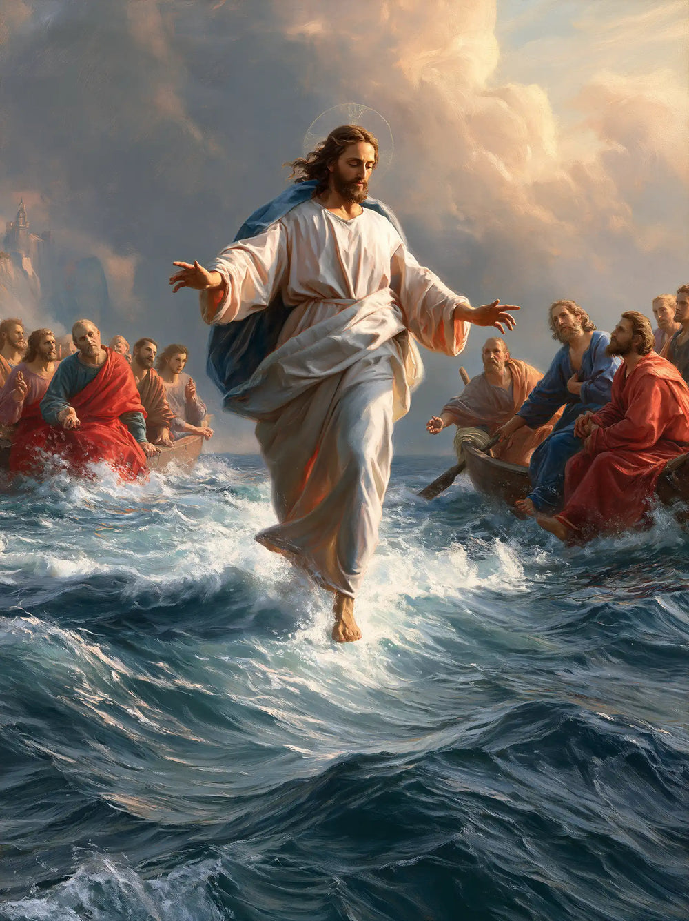 Jesus walking on water in Florentine Renaissance style, portrait Christian artwork no. 26