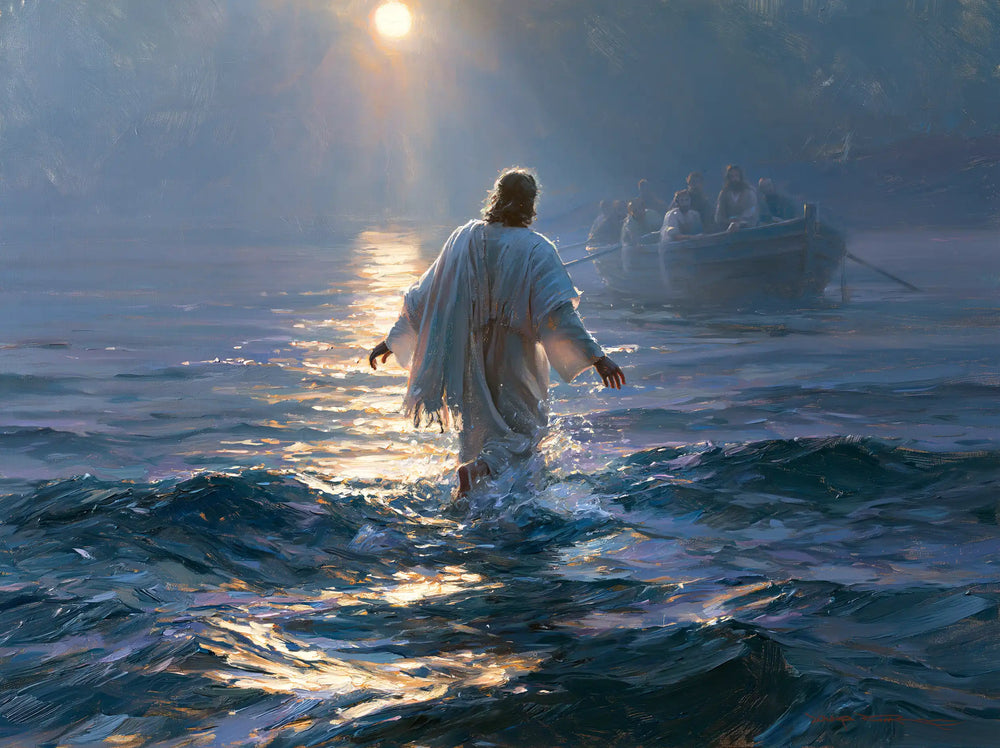 Jesus walking on water in Impressionist style, landscape Christian artwork no. 7