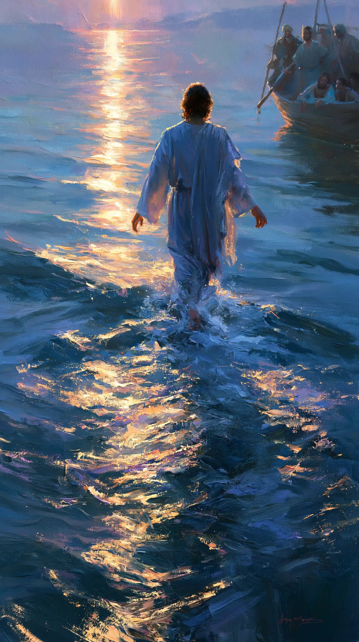 Jesus walking on water in Impressionist style, portrait Christian artwork no. 3