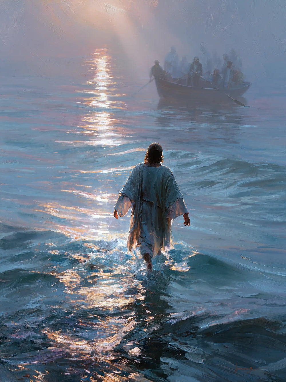 Jesus walking on water in Impressionist style, portrait Christian artwork no. 29