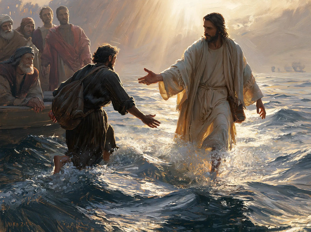 Jesus walking on water and calling Peter in Jesus Calls Peter style, landscape Christian artwork no. 3