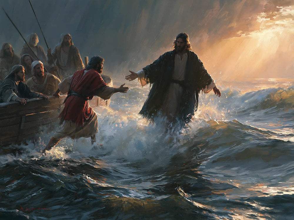 Jesus walking on water and calling Peter in Jesus Calls Peter style, landscape Christian artwork no. 4