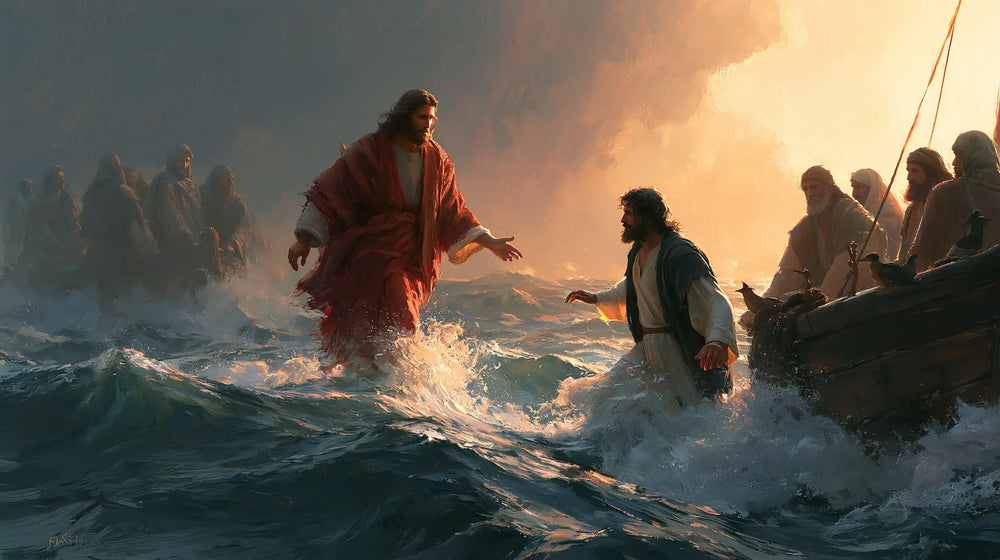Jesus walking on water and calling Peter in Jesus Calls Peter style, landscape Christian artwork no. 7