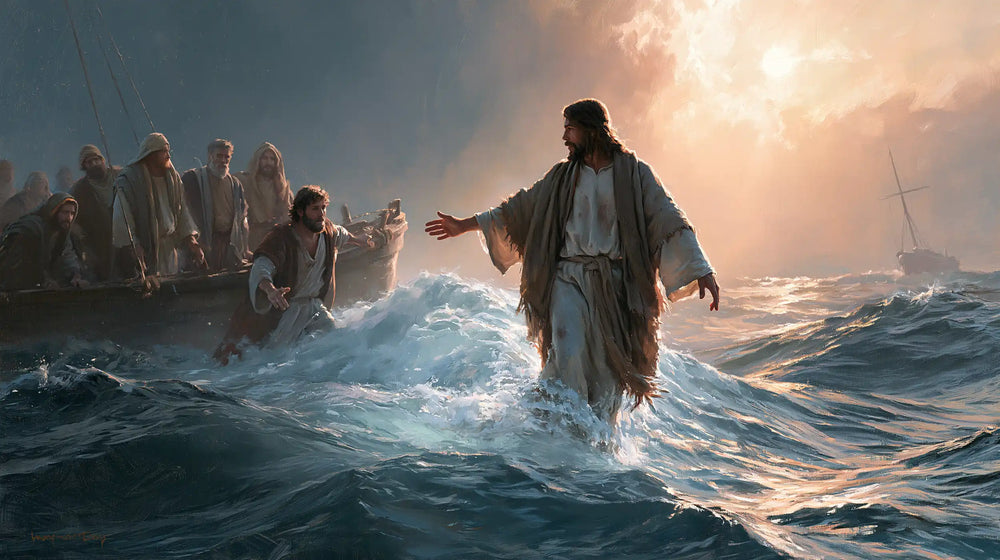 Jesus walking on water and calling Peter in Jesus Calls Peter style, landscape Christian artwork no. 9