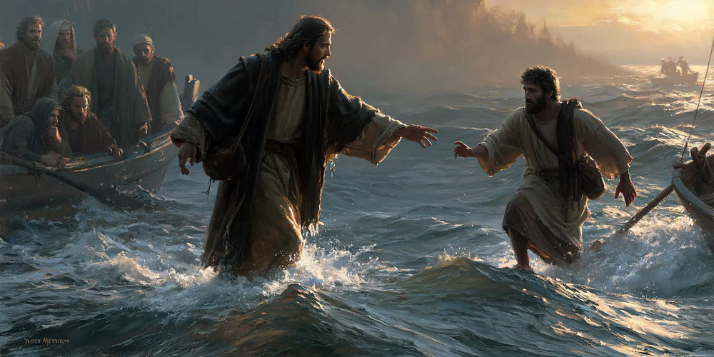 Jesus walking on water and calling Peter in Jesus Calls Peter style, landscape Christian artwork no. 10
