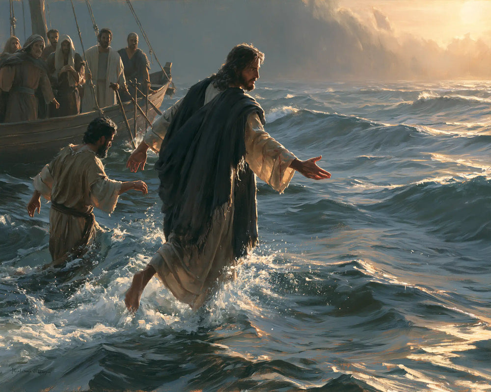 Jesus walking on water and calling Peter in Jesus Calls Peter style, landscape Christian artwork no. 13