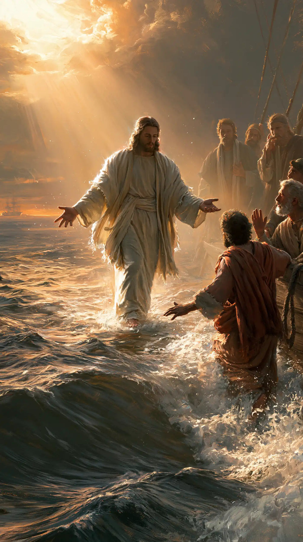 Jesus walking on water and calling Peter in Jesus Calls Peter style, portrait Christian artwork no. 3