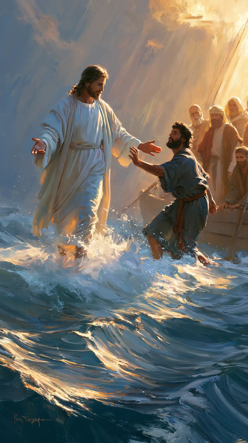 Jesus walking on water and calling Peter in Jesus Calls Peter style, portrait Christian artwork no. 4