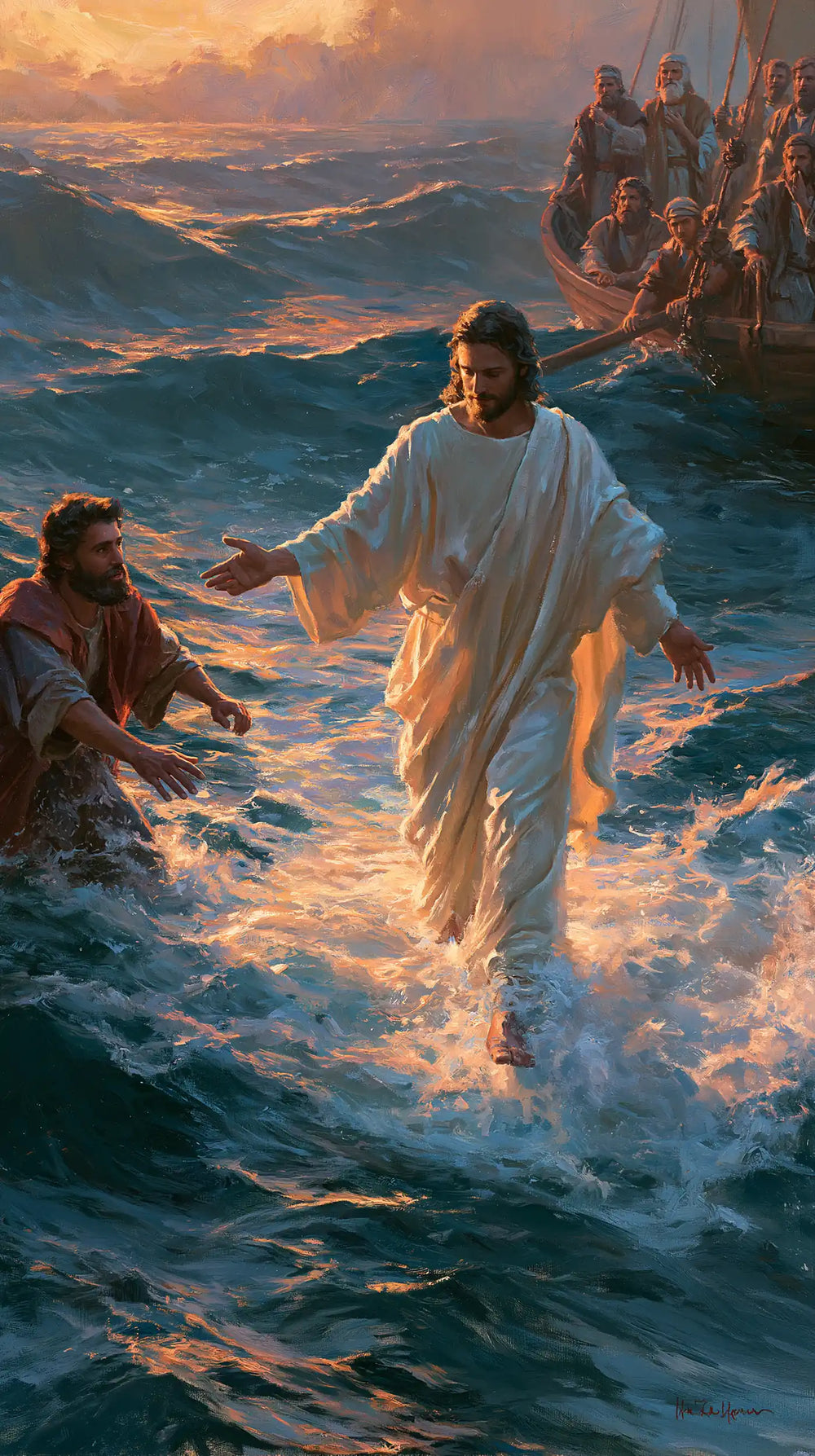 Jesus walking on water and calling Peter in Jesus Calls Peter style, portrait Christian artwork no. 5