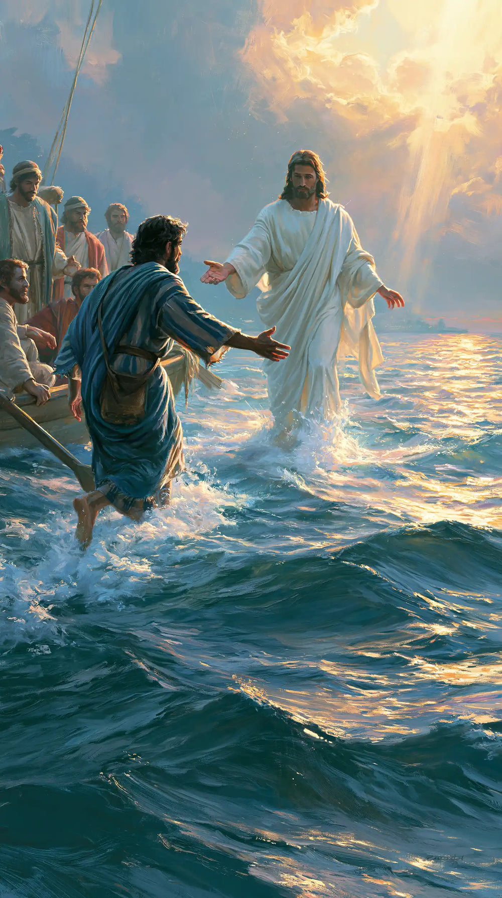 Jesus walking on water and calling Peter in Jesus Calls Peter style, portrait Christian artwork no. 6