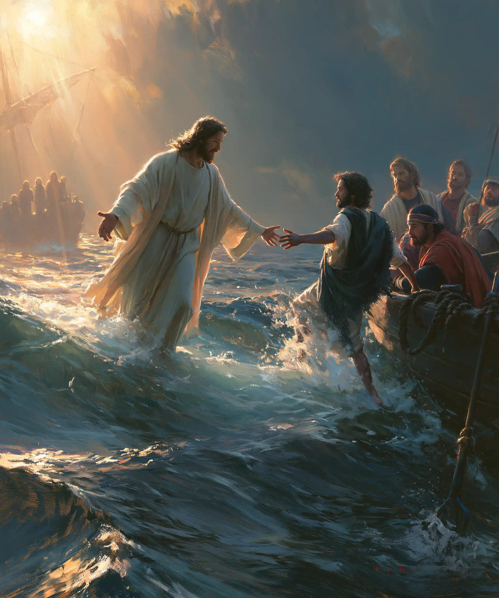 Jesus walking on water and calling Peter in Jesus Calls Peter style, portrait Christian artwork no. 14