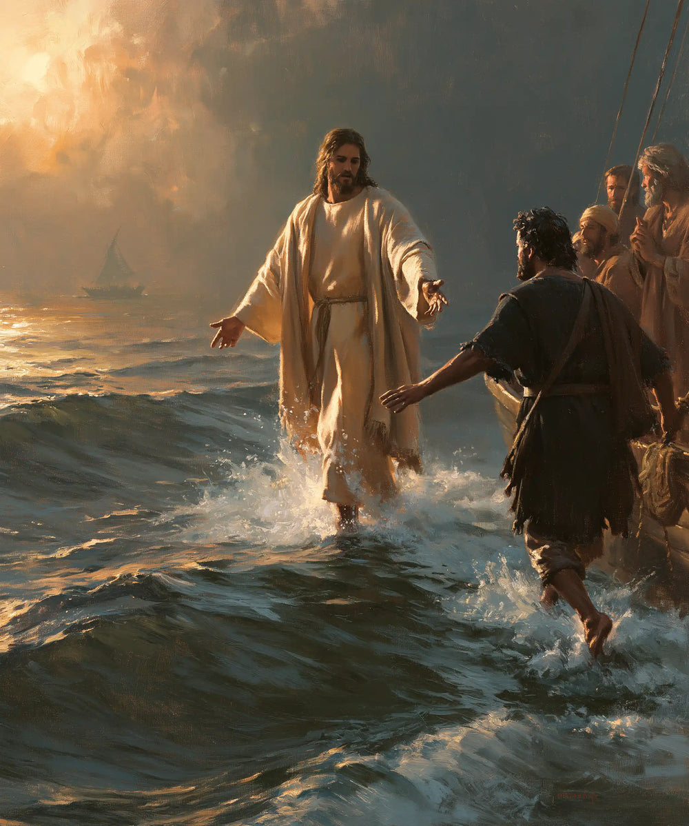 Jesus walking on water and calling Peter in Jesus Calls Peter style, portrait Christian artwork no. 15