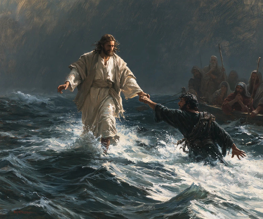 Jesus walking on water and saving Peter in Jesus Saves Peter style, landscape Christian artwork no. 3