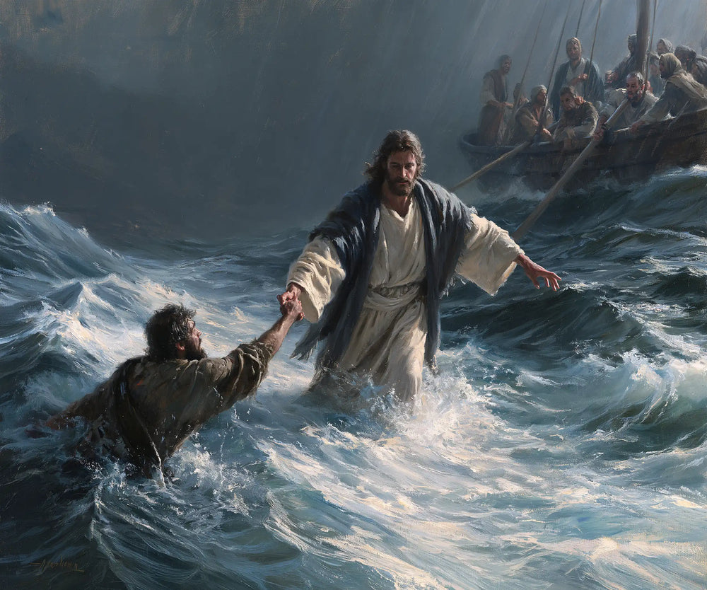 Jesus walking on water and saving Peter in Jesus Saves Peter style, landscape Christian artwork no. 5