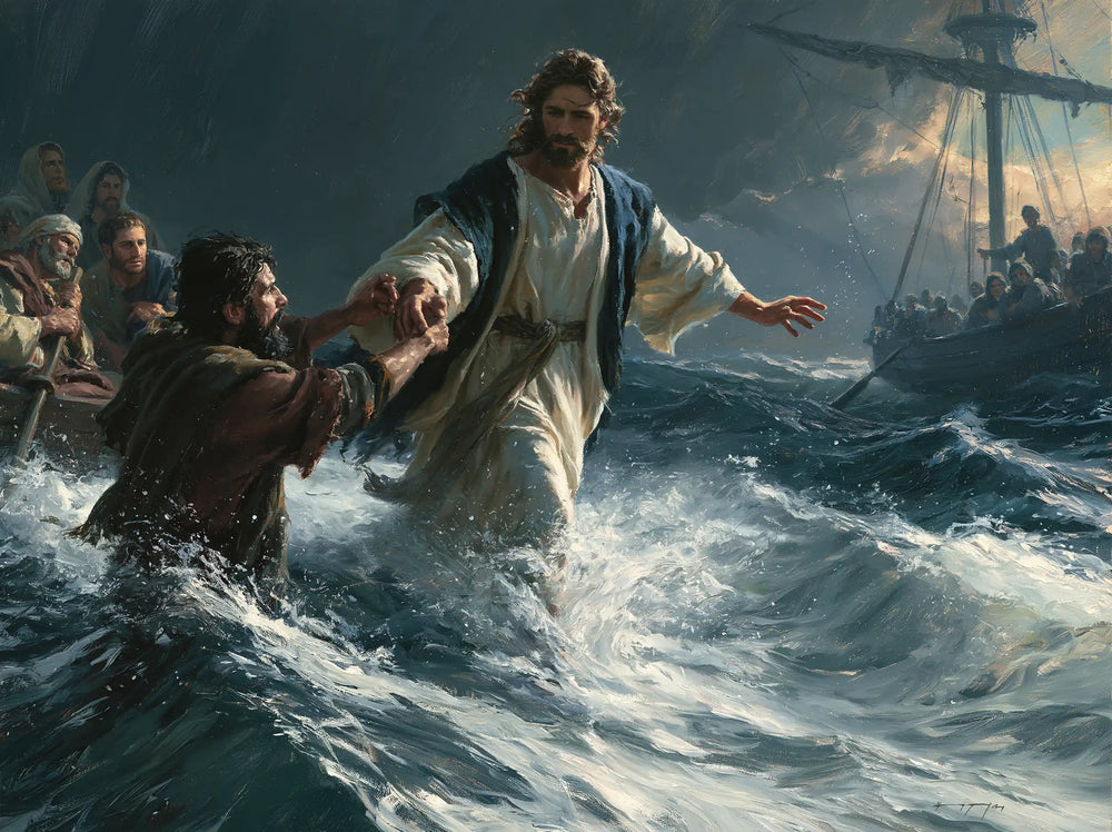 Jesus walking on water and saving Peter in Jesus Saves Peter style, landscape Christian artwork no. 7