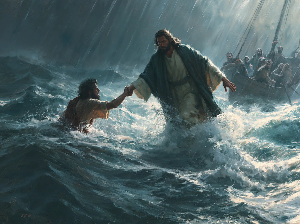 Jesus walking on water and saving Peter in Jesus Saves Peter style, landscape Christian artwork no. 10