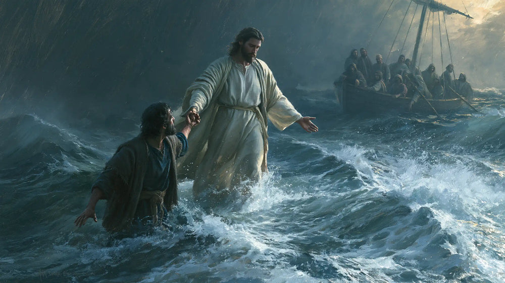 Jesus walking on water and saving Peter in Jesus Saves Peter style, landscape Christian artwork no. 15