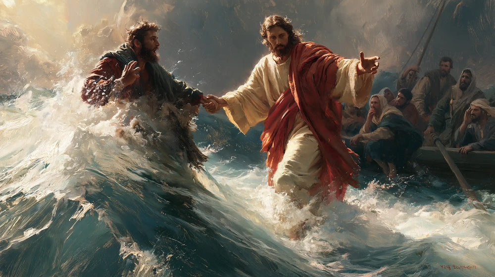 Jesus walking on water and saving Peter in Jesus Saves Peter style, landscape Christian artwork no. 16