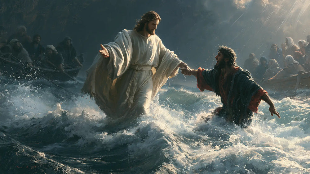 Jesus walking on water and saving Peter in Jesus Saves Peter style, landscape Christian artwork no. 17