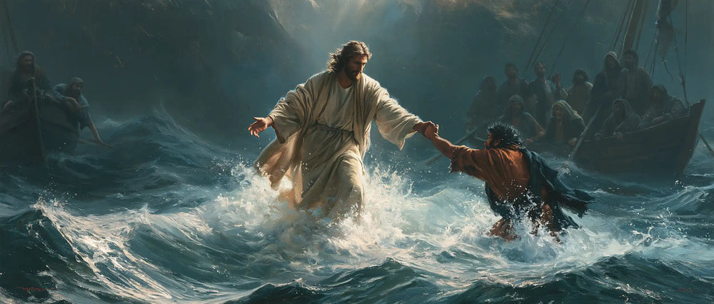 Jesus walking on water and saving Peter in Jesus Saves Peter style, landscape Christian artwork no. 21