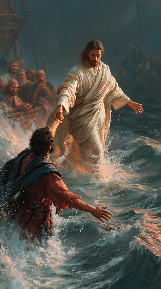 Jesus Walking on Water — Rescue beneath Coral Reflections