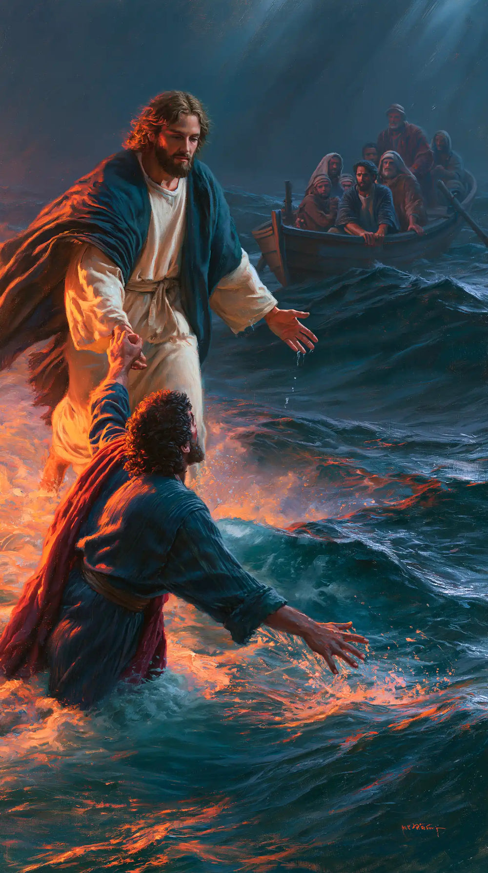 Jesus walking on water and saving Peter in Jesus Saves Peter style, portrait Christian artwork no. 4