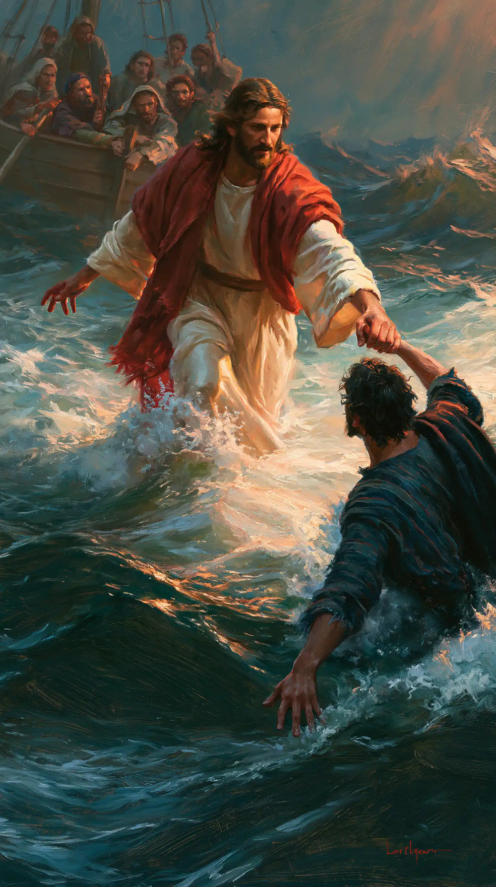 Jesus walking on water and saving Peter in Jesus Saves Peter style, portrait Christian artwork no. 6