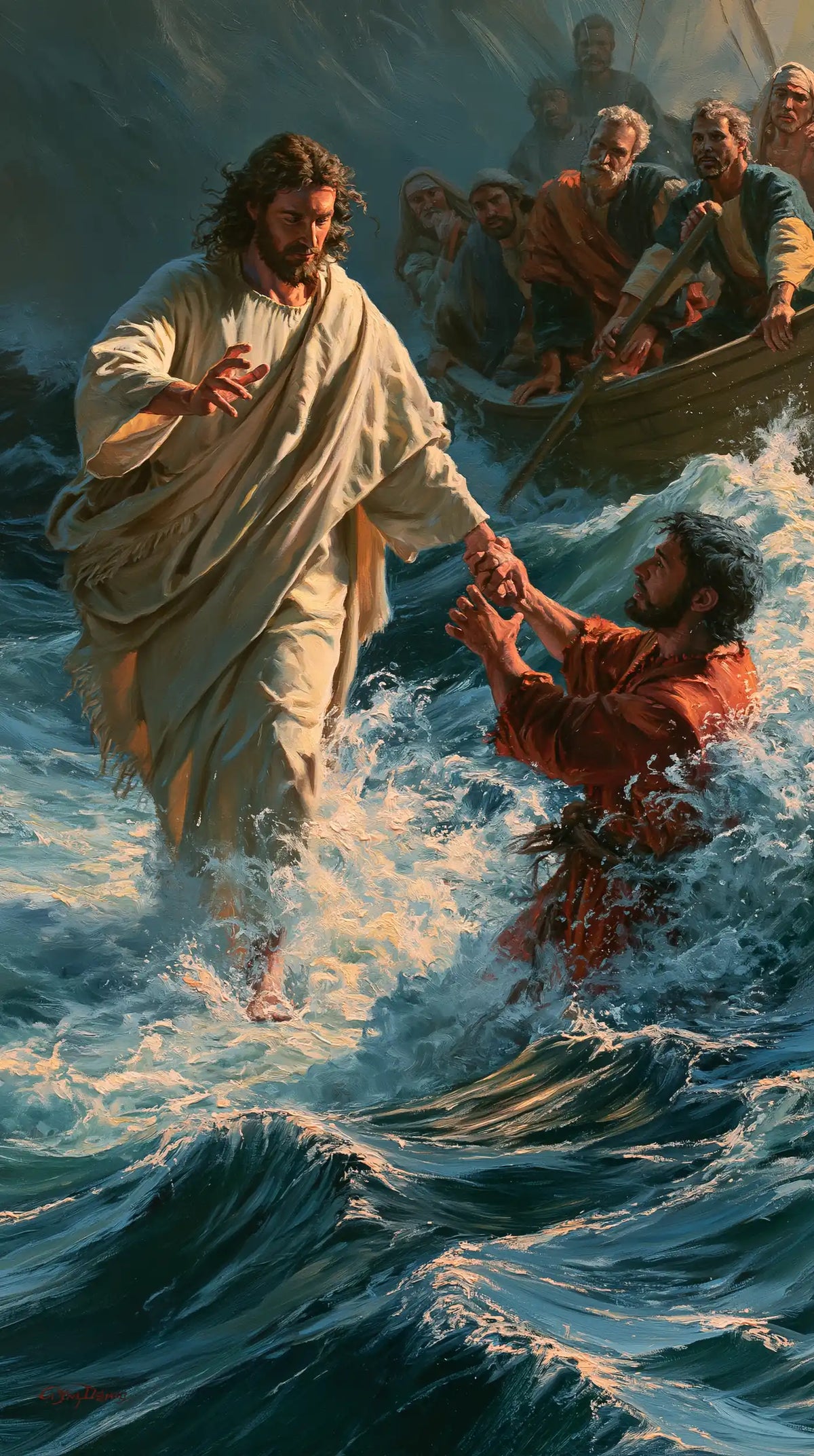Jesus Walking on Water — Red Rescue beneath Gathered Gazes