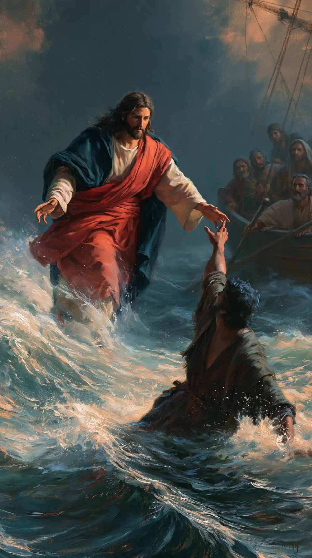 Jesus walking on water and saving Peter in Jesus Saves Peter style, portrait Christian artwork no. 10