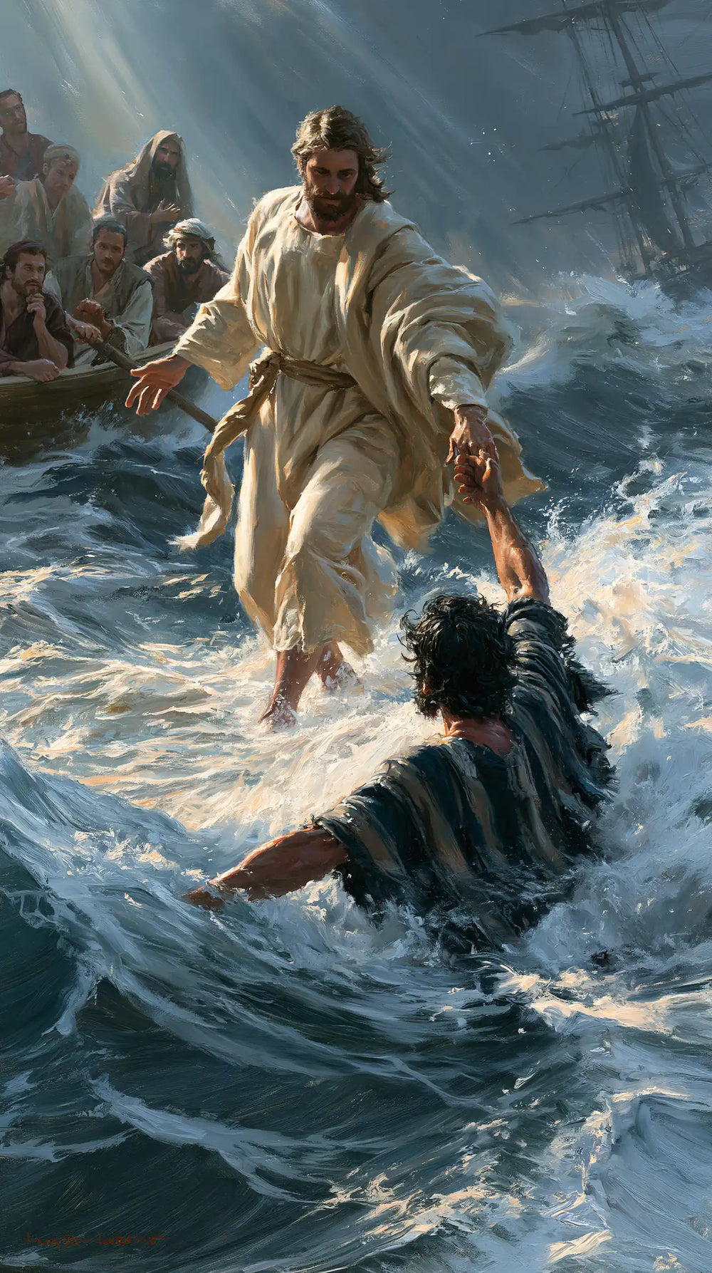Jesus walking on water and saving Peter in Jesus Saves Peter style, portrait Christian artwork no. 12