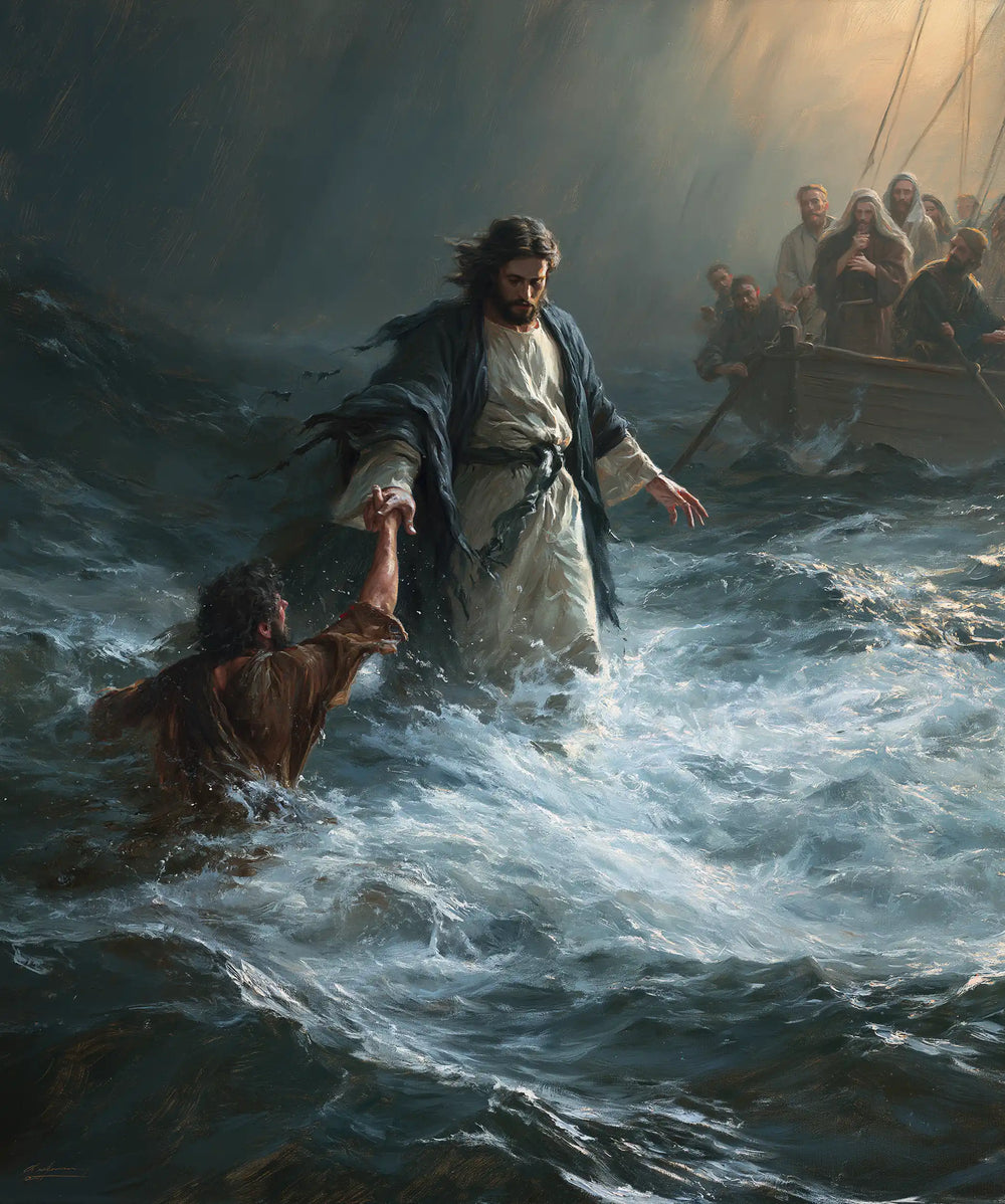 Jesus walking on water and saving Peter in Jesus Saves Peter style, portrait Christian artwork no. 23