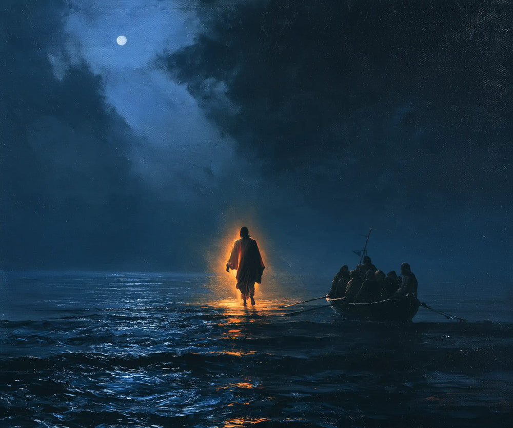 Jesus walking on water in Midnight Blue Chiaroscuro style, landscape Christian artwork no. 3
