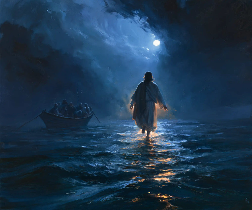 Jesus walking on water in Midnight Blue Chiaroscuro style, landscape Christian artwork no. 5