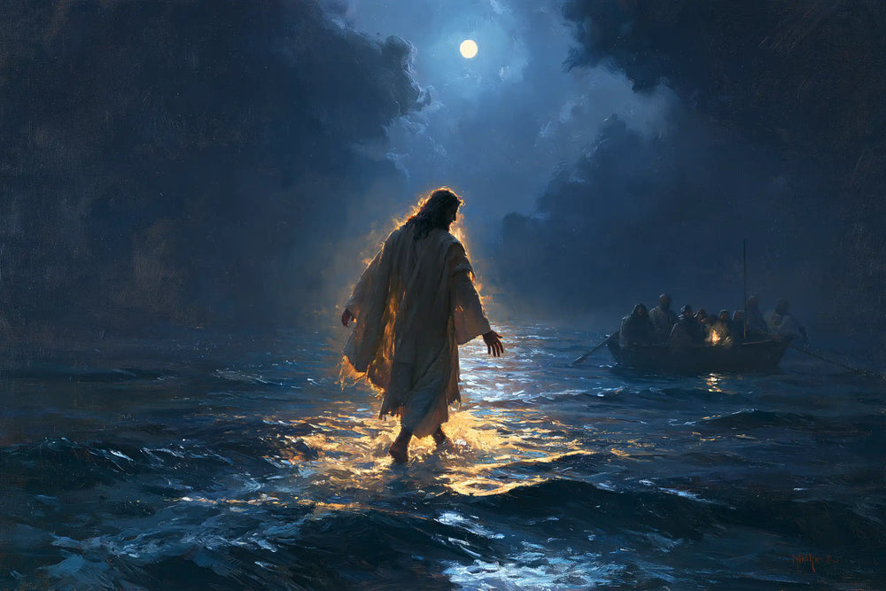Jesus walking on water in Midnight Blue Chiaroscuro style, landscape Christian artwork no. 9