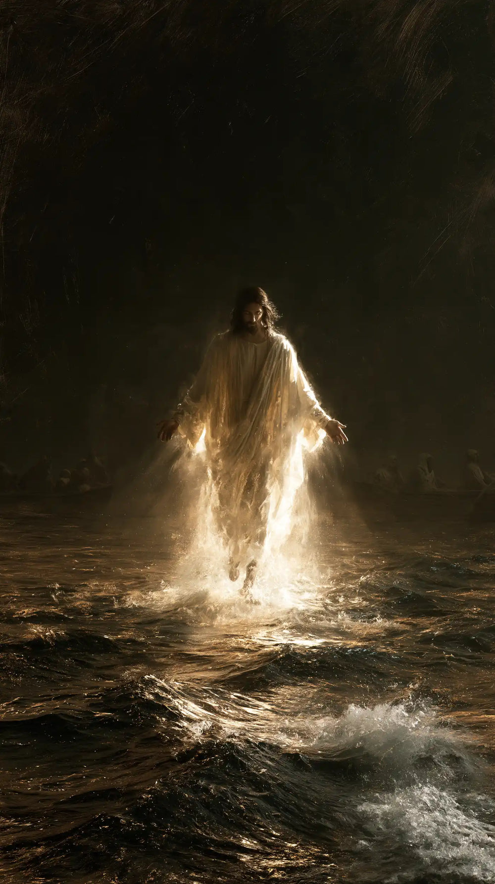 Jesus walking on water in Midnight Blue Chiaroscuro style, portrait Christian artwork no. 2
