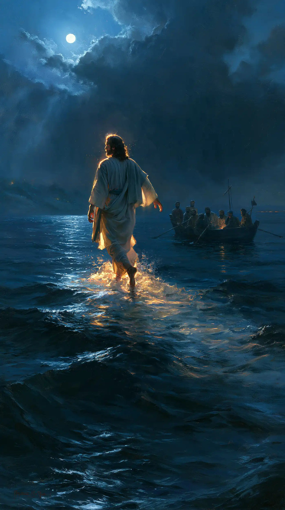 Jesus walking on water in Midnight Blue Chiaroscuro style, portrait Christian artwork no. 4