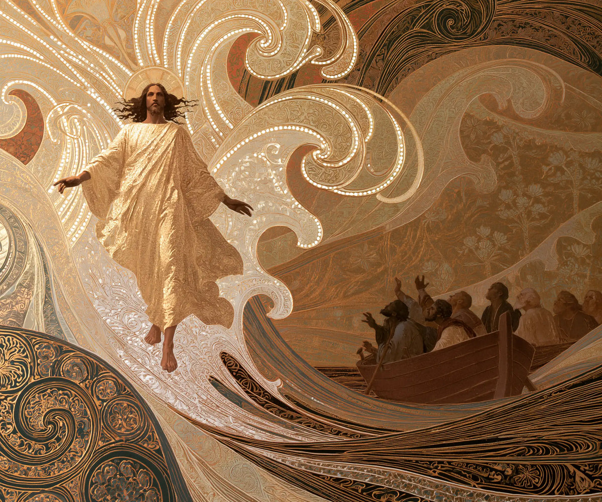 Jesus walking on water in Sacred Art Nouveau style, landscape Christian artwork no. 1