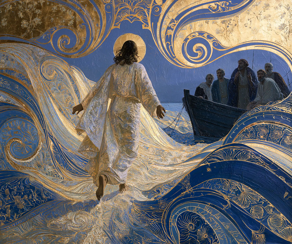 Jesus walking on water in Sacred Art Nouveau style, landscape Christian artwork no. 4