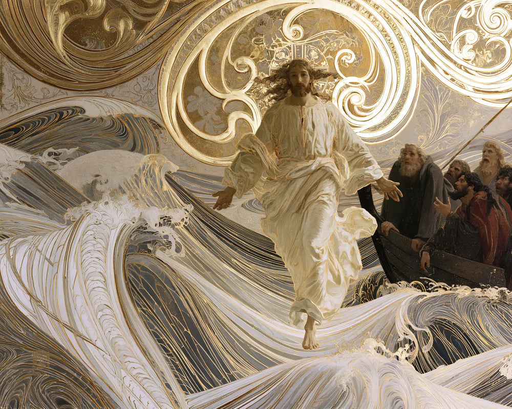 Jesus walking on water in Sacred Art Nouveau style, landscape Christian artwork no. 16