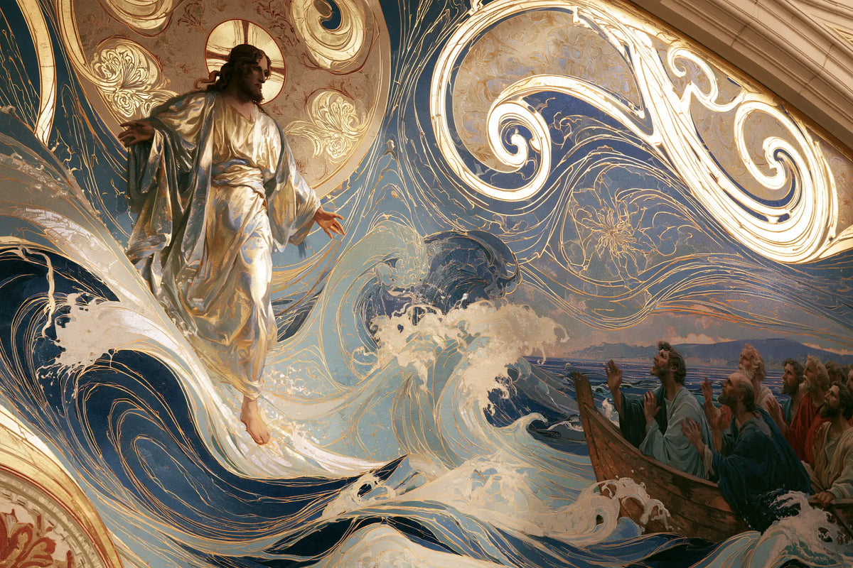Jesus walking on water in Sacred Art Nouveau style, landscape Christian artwork no. 20