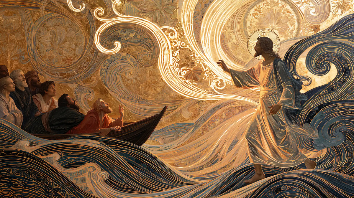 Jesus walking on water in Sacred Art Nouveau style, landscape Christian artwork no. 22