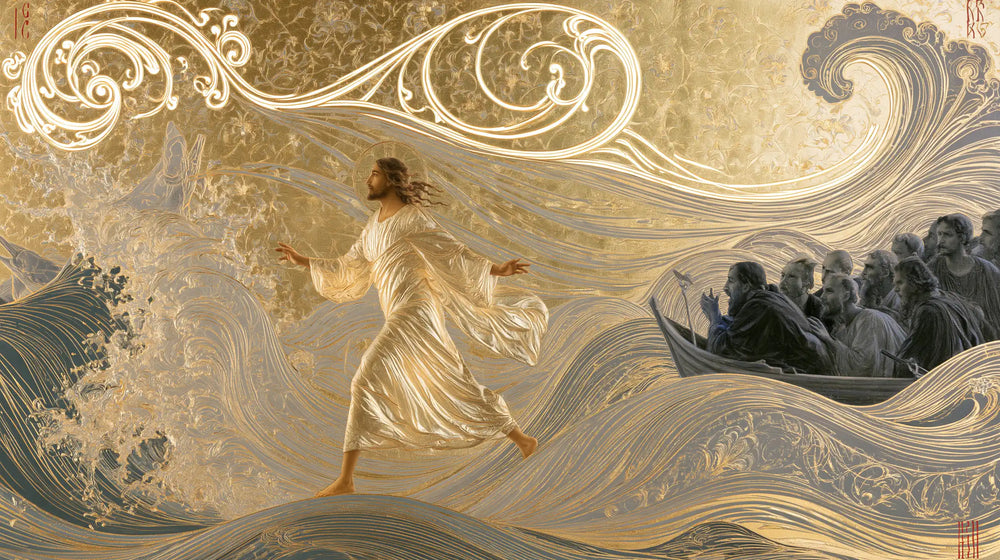 Jesus walking on water in Sacred Art Nouveau style, landscape Christian artwork no. 23