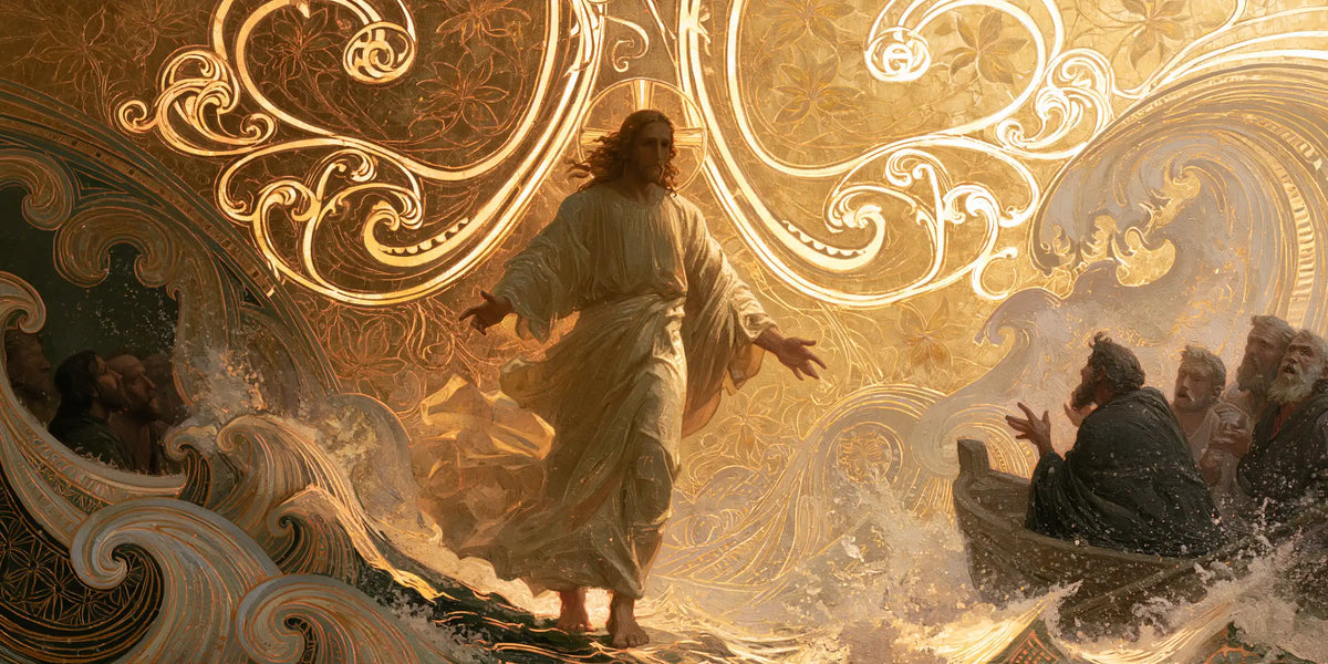 Jesus walking on water in Sacred Art Nouveau style, landscape Christian artwork no. 29