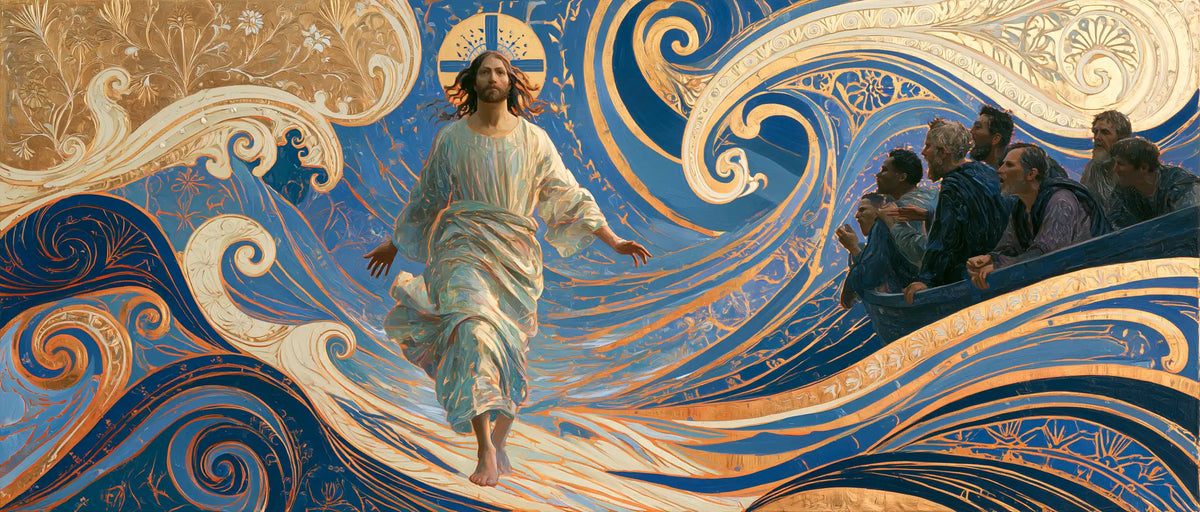 Jesus walking on water in Sacred Art Nouveau style, landscape Christian artwork no. 32